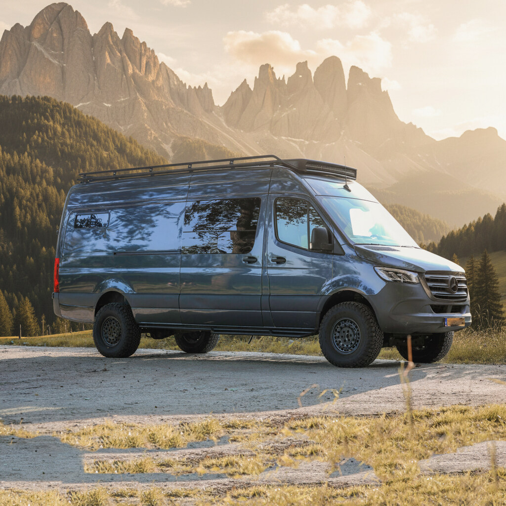 Blackstone 001 Outpost — Mercedes Sprinter LWB adventure van on a mountain road in the Dolomites at golden hour