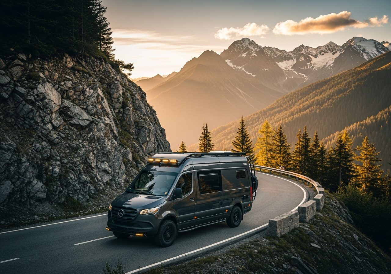 Ember 006 Iron Trail — terracotta sand Mercedes Sprinter MWB parked on a sunlit coastal hillside in southern Europe